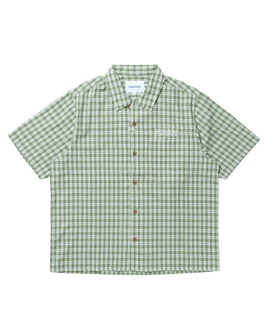 【SEQUENZ(シークエンズ)】SQNZ APPLIQUE CHECK SHIRTS / シャツ チェック 半袖 レギュラーカラー 刺繍 グリーン