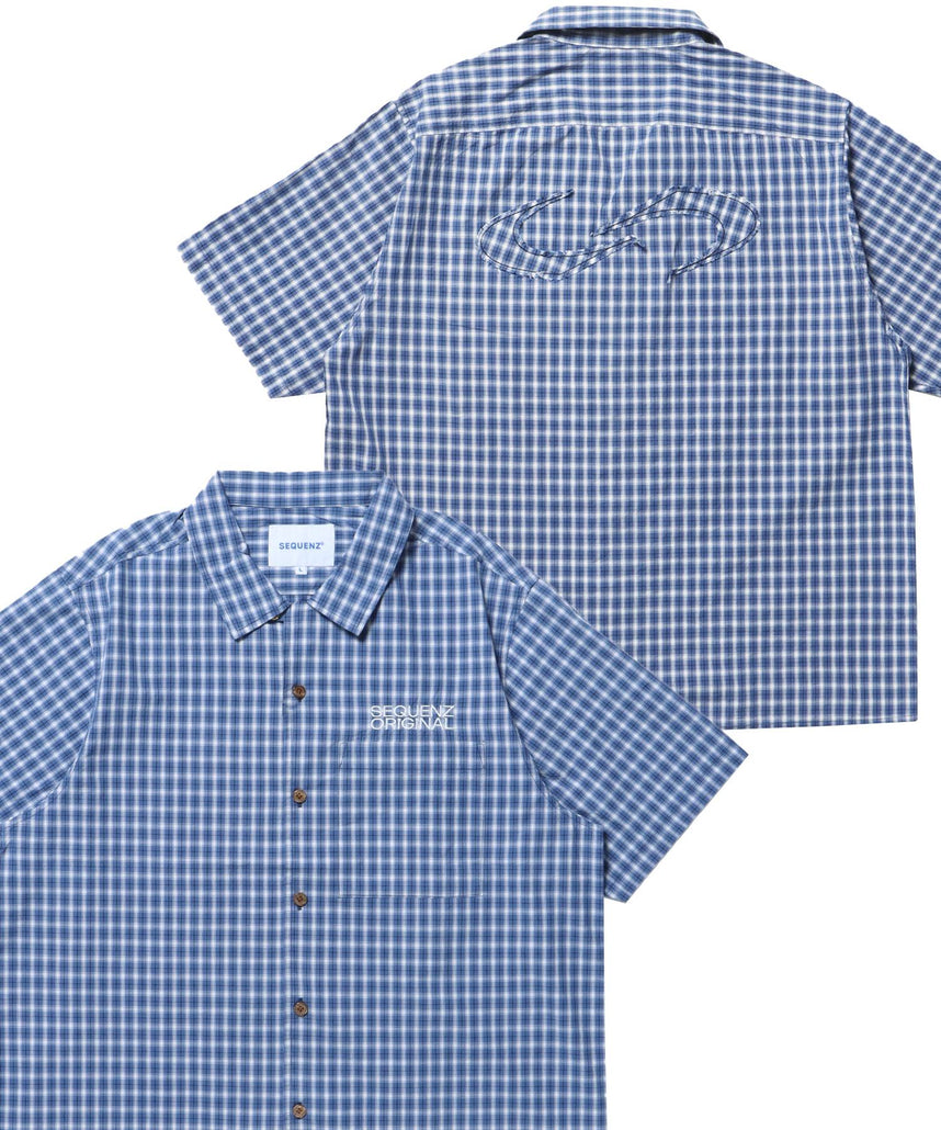 【SEQUENZ(シークエンズ)】SQNZ APPLIQUE CHECK SHIRTS / シャツ チェック 半袖 レギュラーカラー 刺繍 ブルー