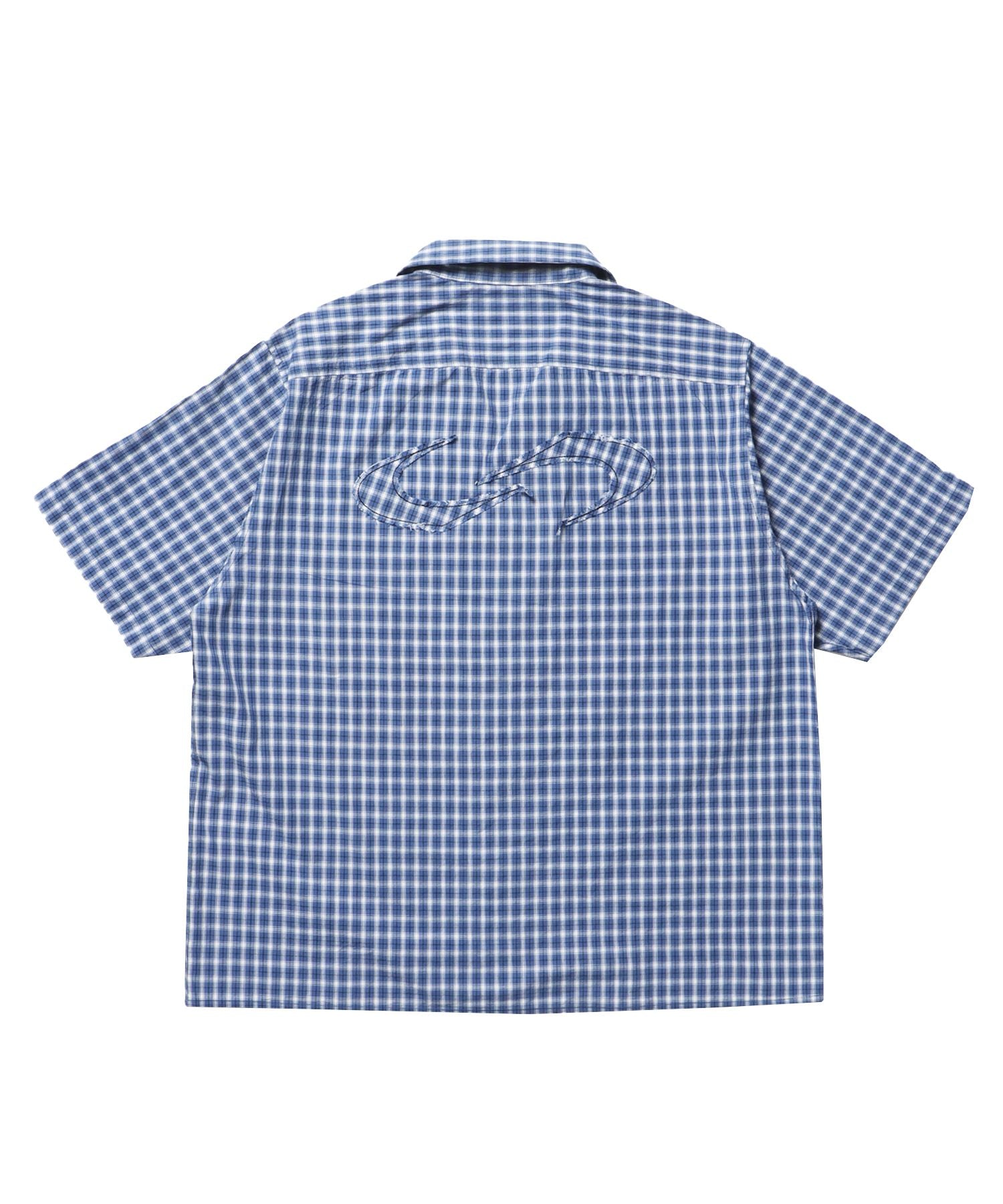SQNZ APPLIQUE CHECK SHIRTS / シャツ ショート丈 チェック 半袖 刺繍 ブルー