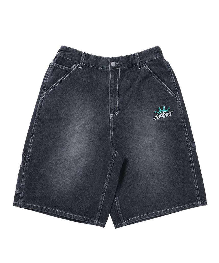 【SEQUENZ(シークエンズ)】BACK EMB. SHORT DENIM / デニム パンツ 半ズボン ショーツ ワンポイント 刺繍 ブラック