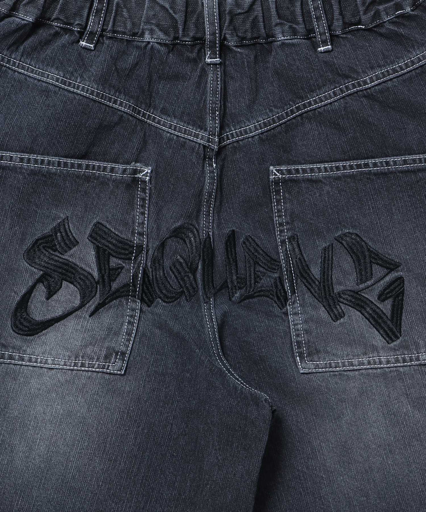 BACK EMB. SHORT DENIM / デニム パンツ 半ズボン ショーツ ワンポイント 刺繍 ブラック