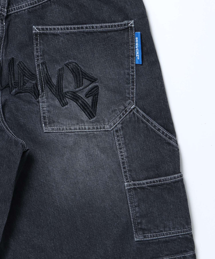 BACK EMB. SHORT DENIM / デニム パンツ 半ズボン ショーツ ワンポイント 刺繍 ブラック