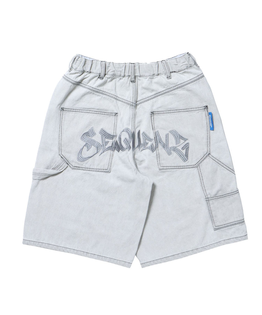 【SEQUENZ(シークエンズ)】BACK EMB. SHORT DENIM / デニム パンツ 半ズボン ショーツ ワンポイント 刺繍 ライトグレー