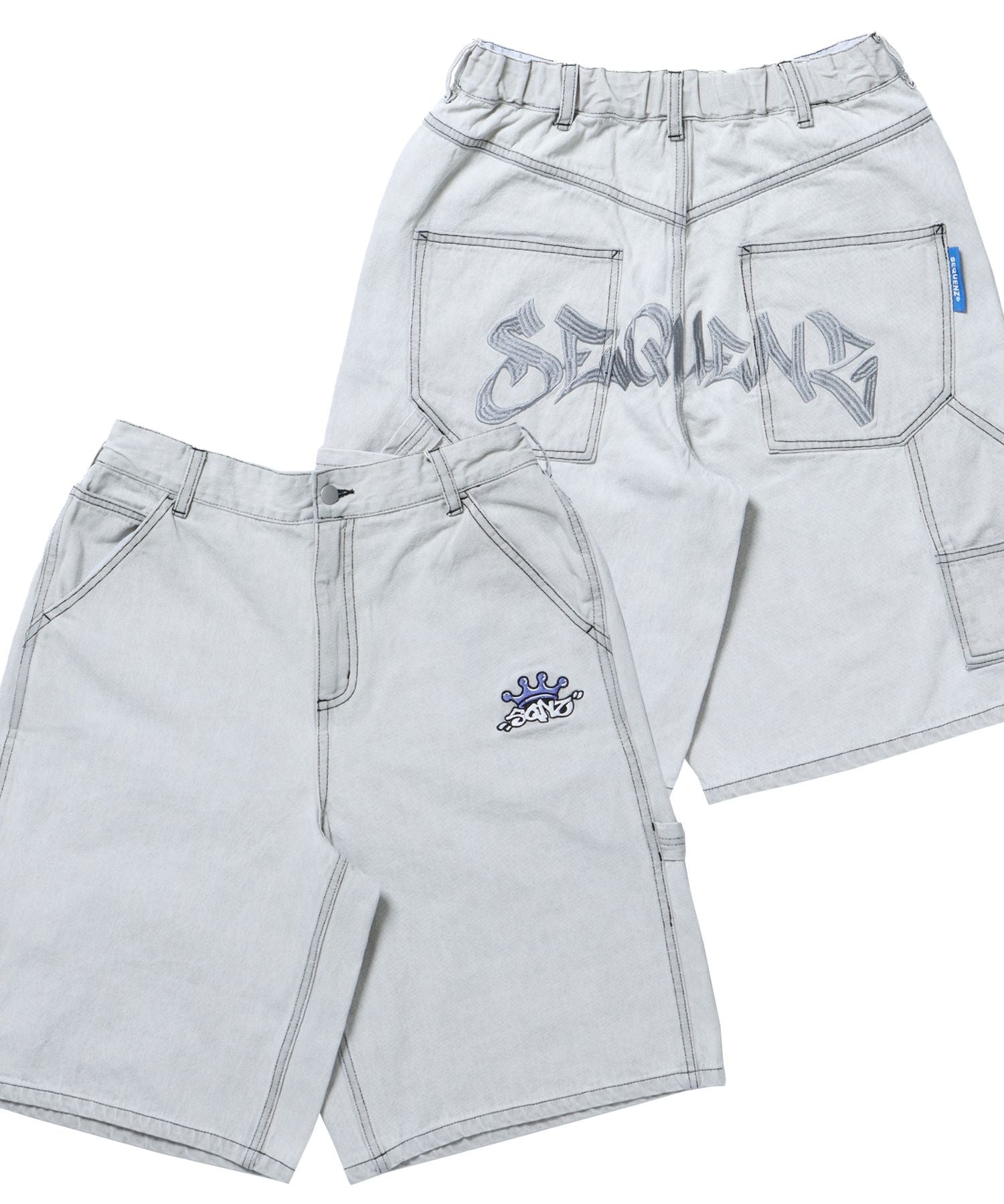 【SEQUENZ(シークエンズ)】BACK EMB. SHORT DENIM / デニム パンツ 半ズボン ショーツ ワンポイント 刺繍 ライトグレー