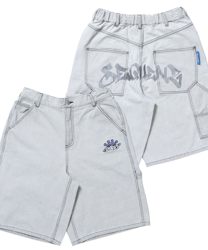 【SEQUENZ(シークエンズ)】BACK EMB. SHORT DENIM / デニム パンツ 半ズボン ショーツ ワンポイント 刺繍 ライトグレー