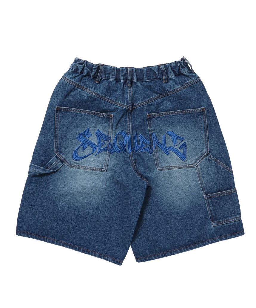 【SEQUENZ(シークエンズ)】BACK EMB. SHORT DENIM / デニム パンツ 半ズボン ショーツ ワンポイント 刺繍 ネイビー