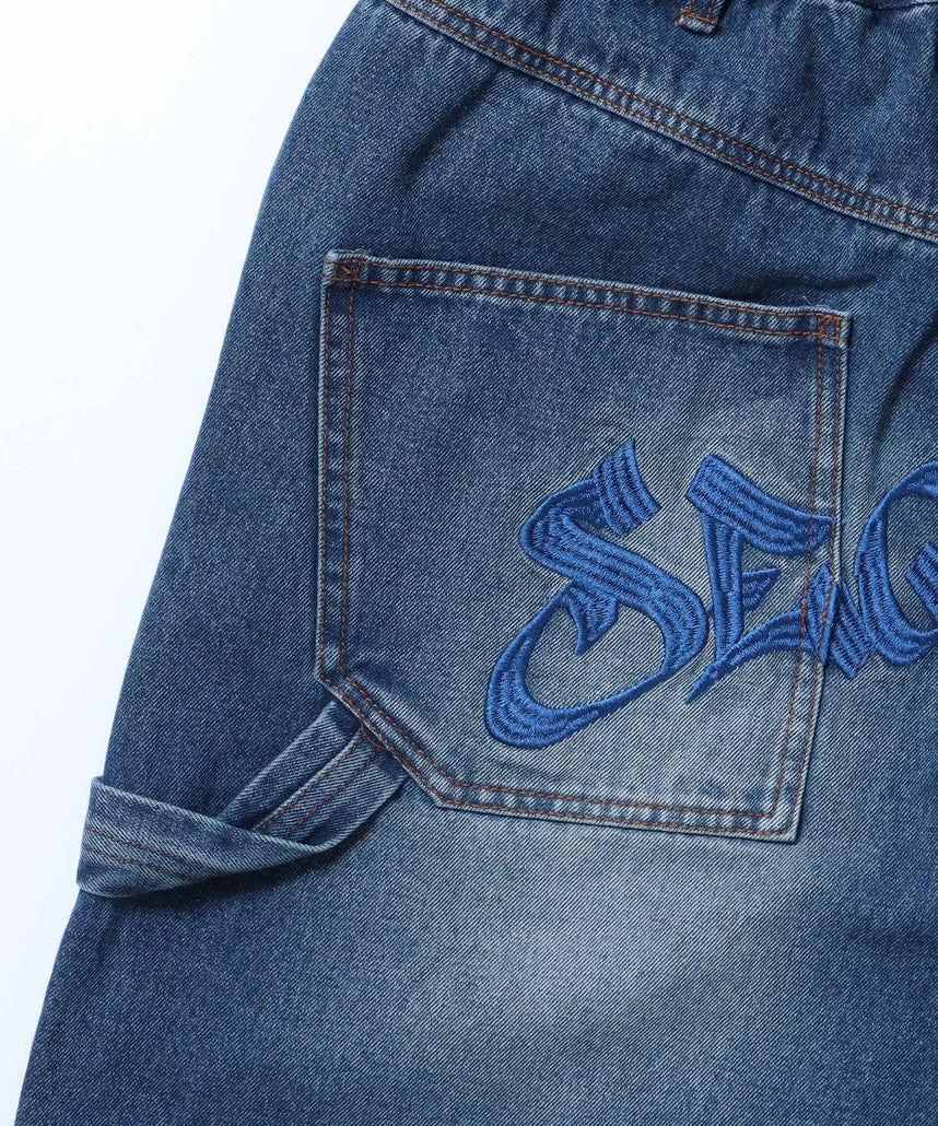 BACK EMB. SHORT DENIM / デニム パンツ 半ズボン ショーツ ワンポイント 刺繍 ネイビー