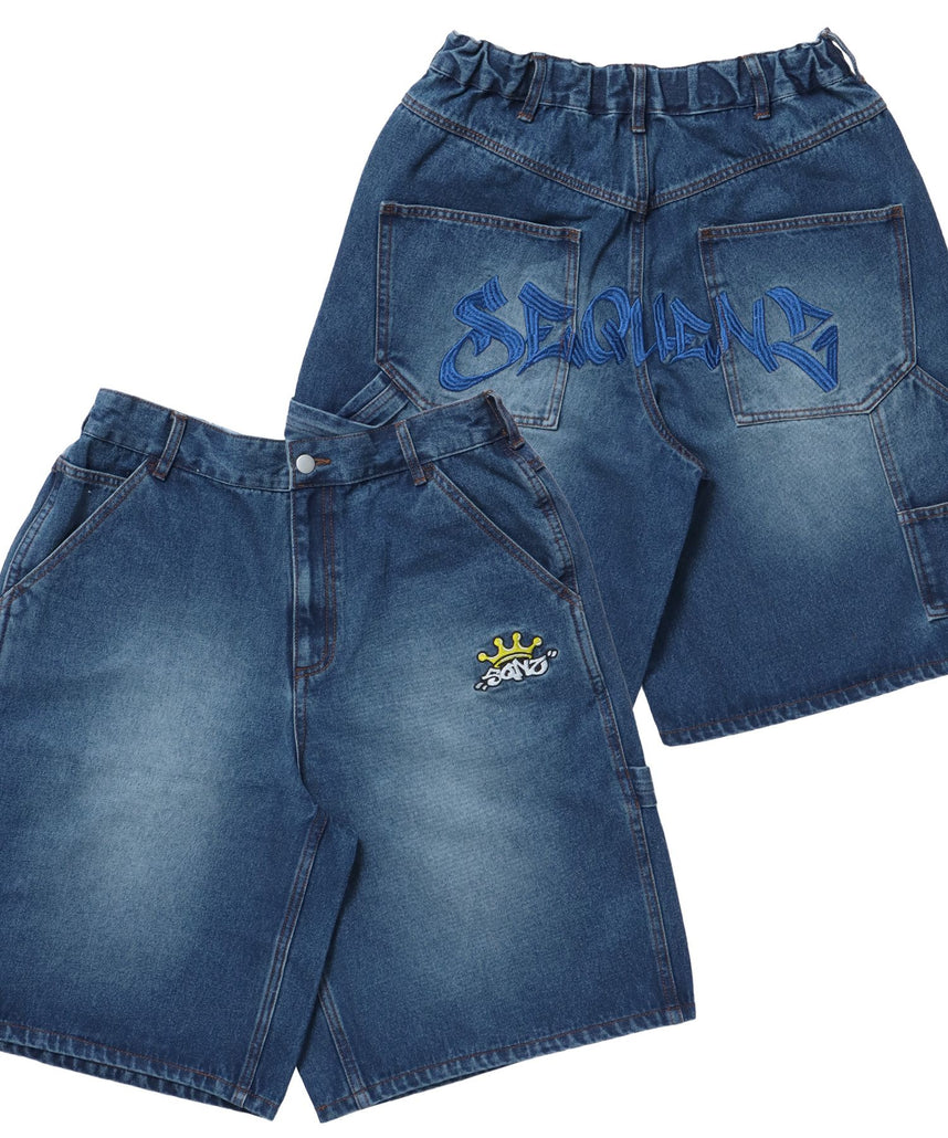 【SEQUENZ(シークエンズ)】BACK EMB. SHORT DENIM / デニム パンツ 半ズボン ショーツ ワンポイント 刺繍 ネイビー