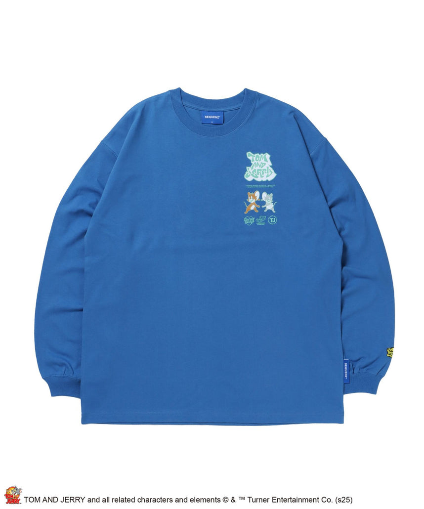 【SEQUENZ(シークエンズ)】TJ JERRY AND TUFFY L/S TEE / トムとジェリー Tシャツ 長袖 クルーネック ロンT ワンポイント 刺繍 ブルー
