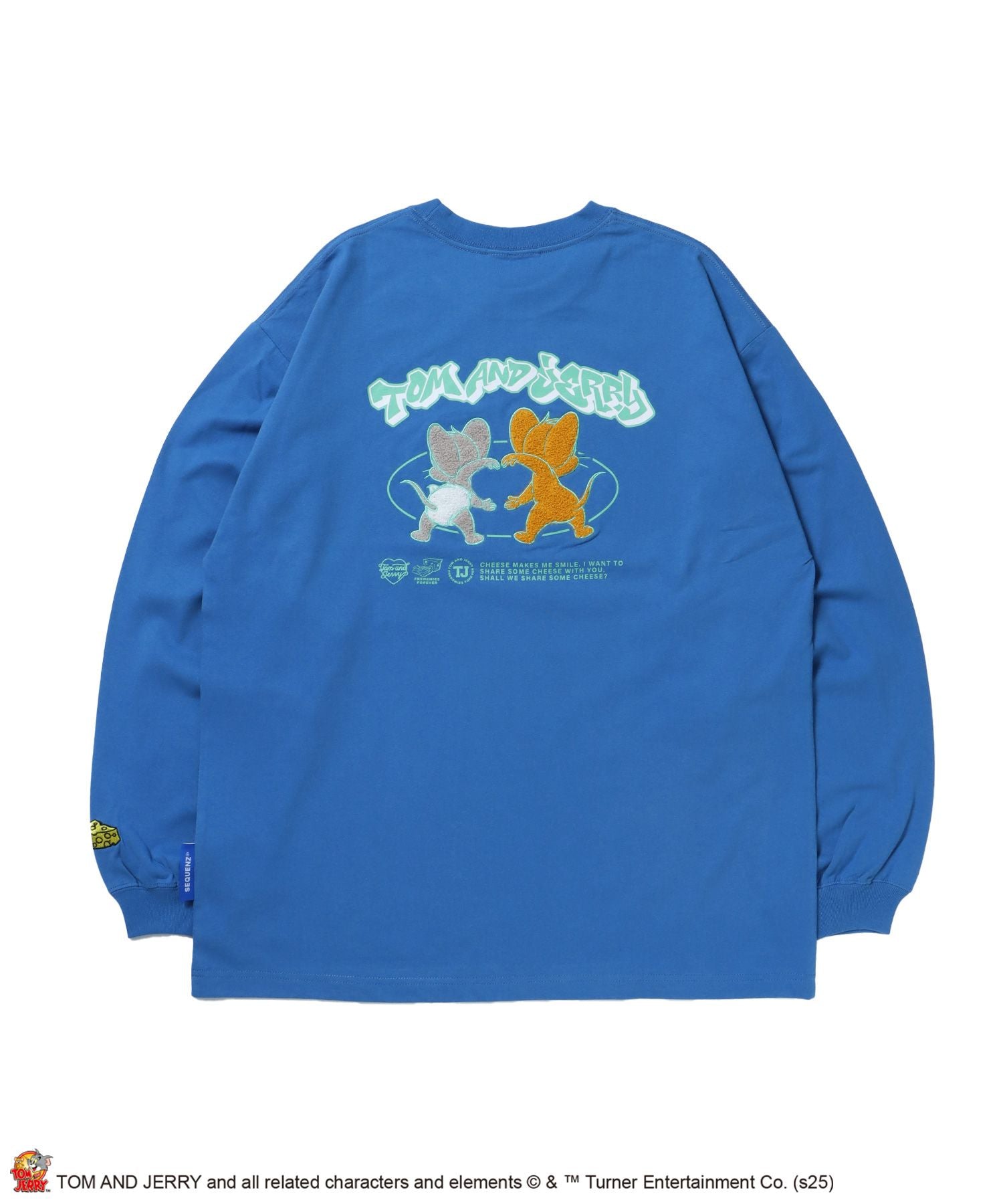 【SEQUENZ(シークエンズ)】TJ JERRY AND TUFFY L/S TEE / トムとジェリー Tシャツ 長袖 クルーネック ロンT ワンポイント 刺繍 ブルー