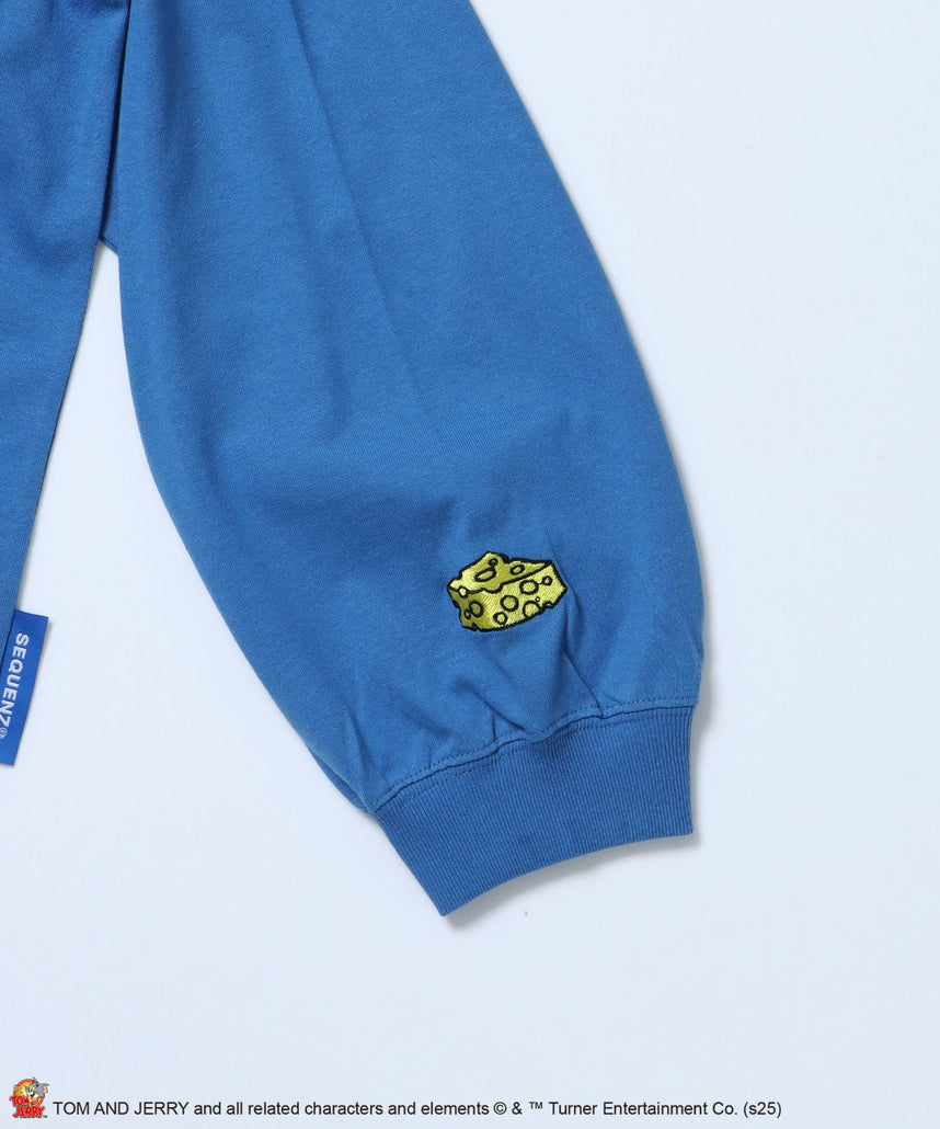 TJ JERRY AND TUFFY L/S TEE / トムとジェリー Tシャツ 長袖 クルーネック ロンT ワンポイント 刺繍 ブルー