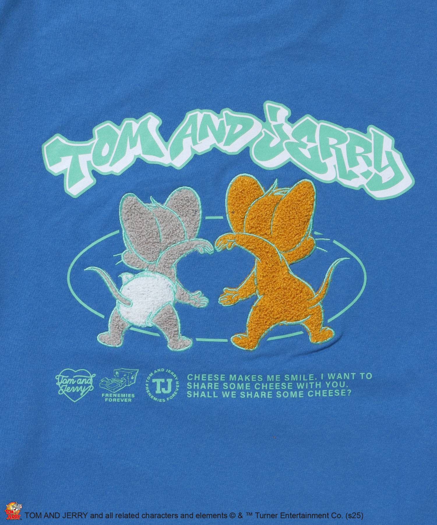 TJ JERRY AND TUFFY L/S TEE / トムとジェリー Tシャツ 長袖 クルーネック ロンT ワンポイント 刺繍 ブルー