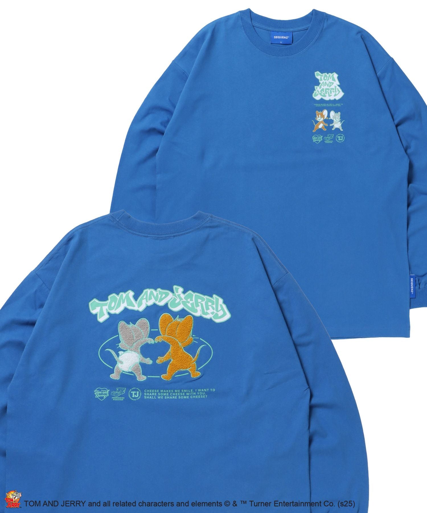 【SEQUENZ(シークエンズ)】TJ JERRY AND TUFFY L/S TEE / トムとジェリー Tシャツ 長袖 クルーネック ロンT ワンポイント 刺繍 ブルー