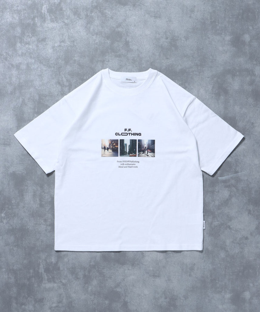 【FFEIN(フェイン)】フォトプリントショート丈Tシャツ / Tシャツ 短丈 クルーネック 半袖 ショート丈 ホワイト