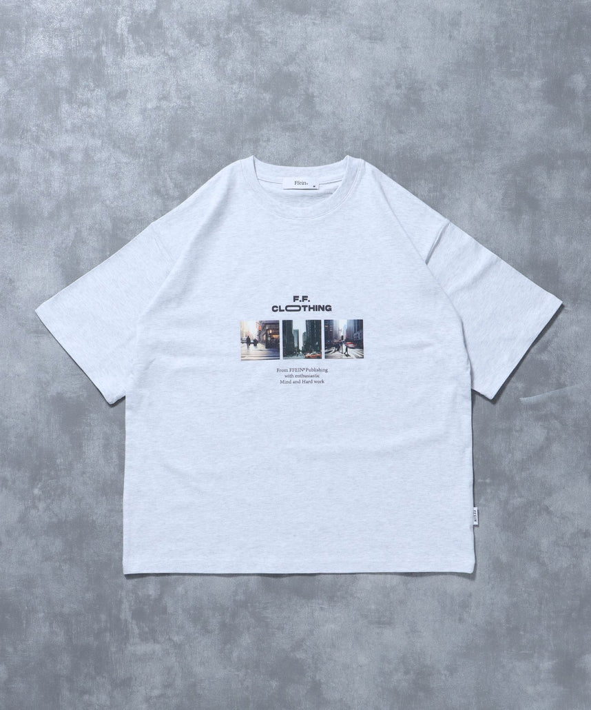 【FFEIN(フェイン)】フォトプリントショート丈Tシャツ / Tシャツ 短丈 クルーネック 半袖 ショート丈 アッシュグレー
