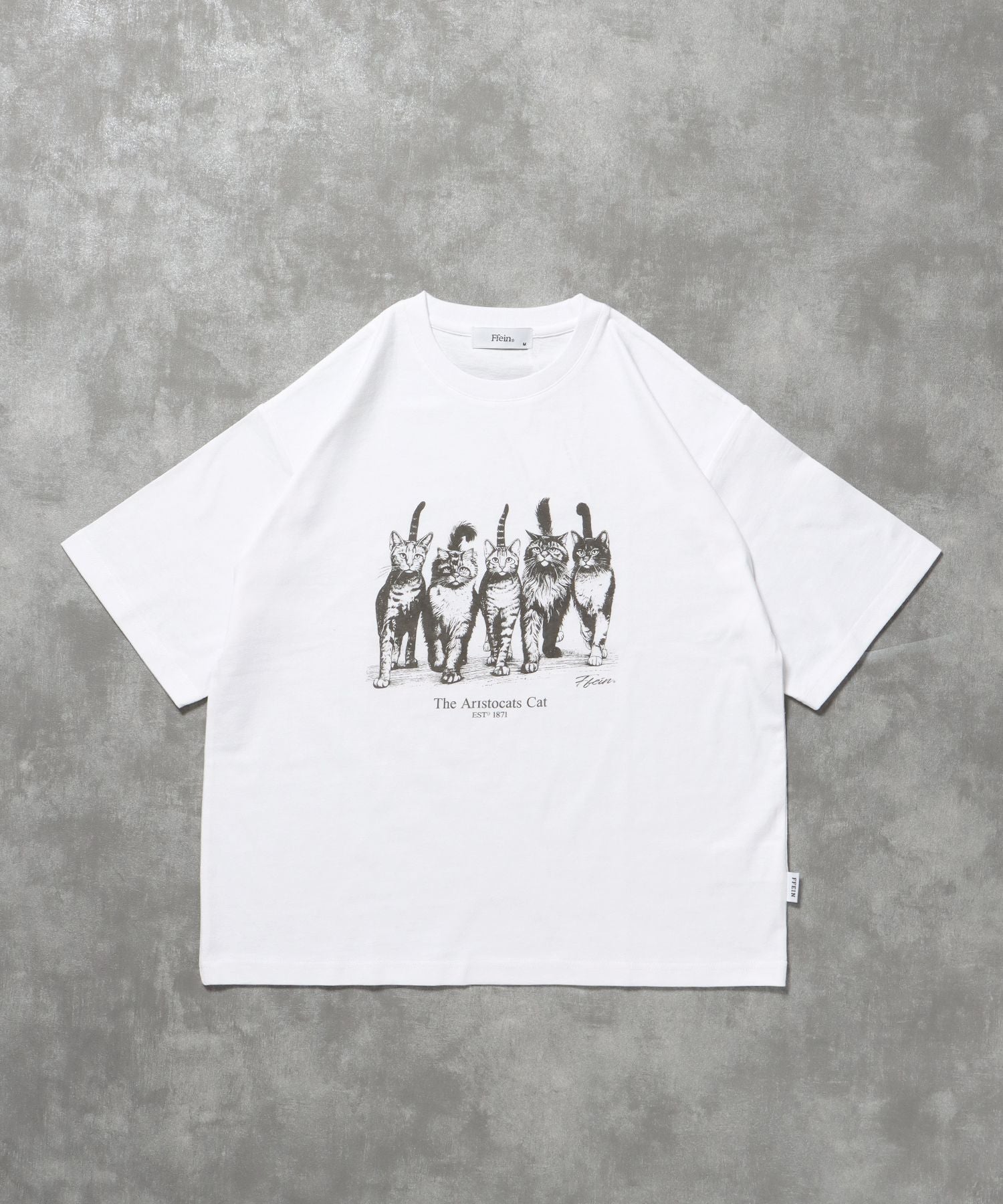 【FFEIN(フェイン)】キャットクラブTシャツ / 両面プリント Tシャツ 短丈 クルーネック 半袖 アニマル キャット ホワイト