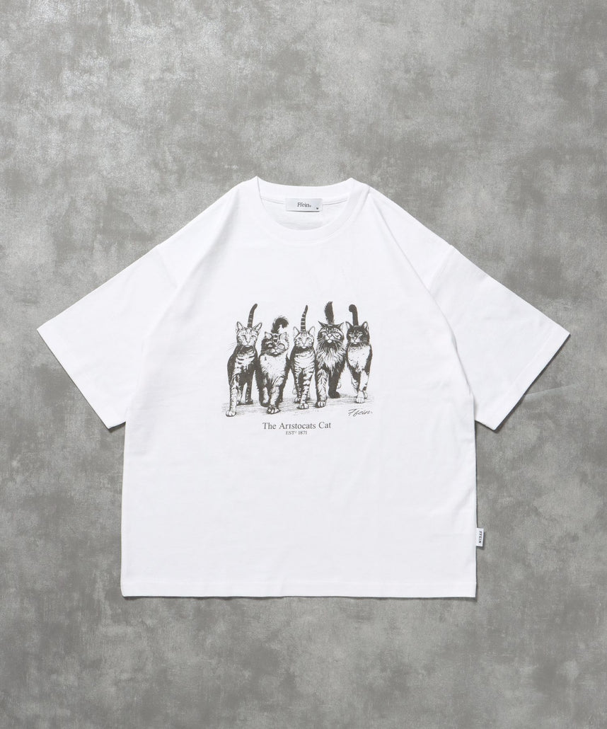 【FFEIN(フェイン)】キャットクラブTシャツ / 両面プリント Tシャツ 短丈 クルーネック 半袖 アニマル キャット ホワイト