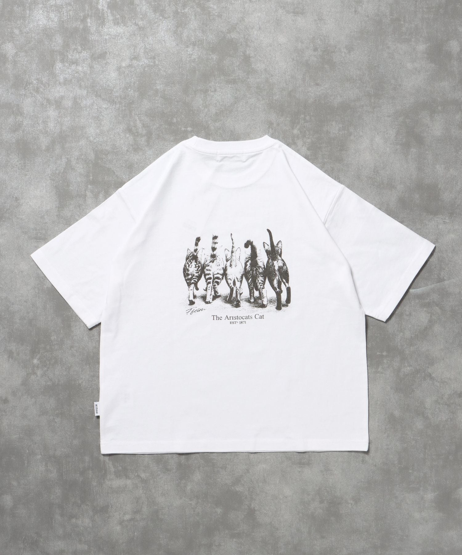 【FFEIN(フェイン)】キャットクラブTシャツ / 両面プリント Tシャツ 短丈 クルーネック 半袖 アニマル キャット ホワイト