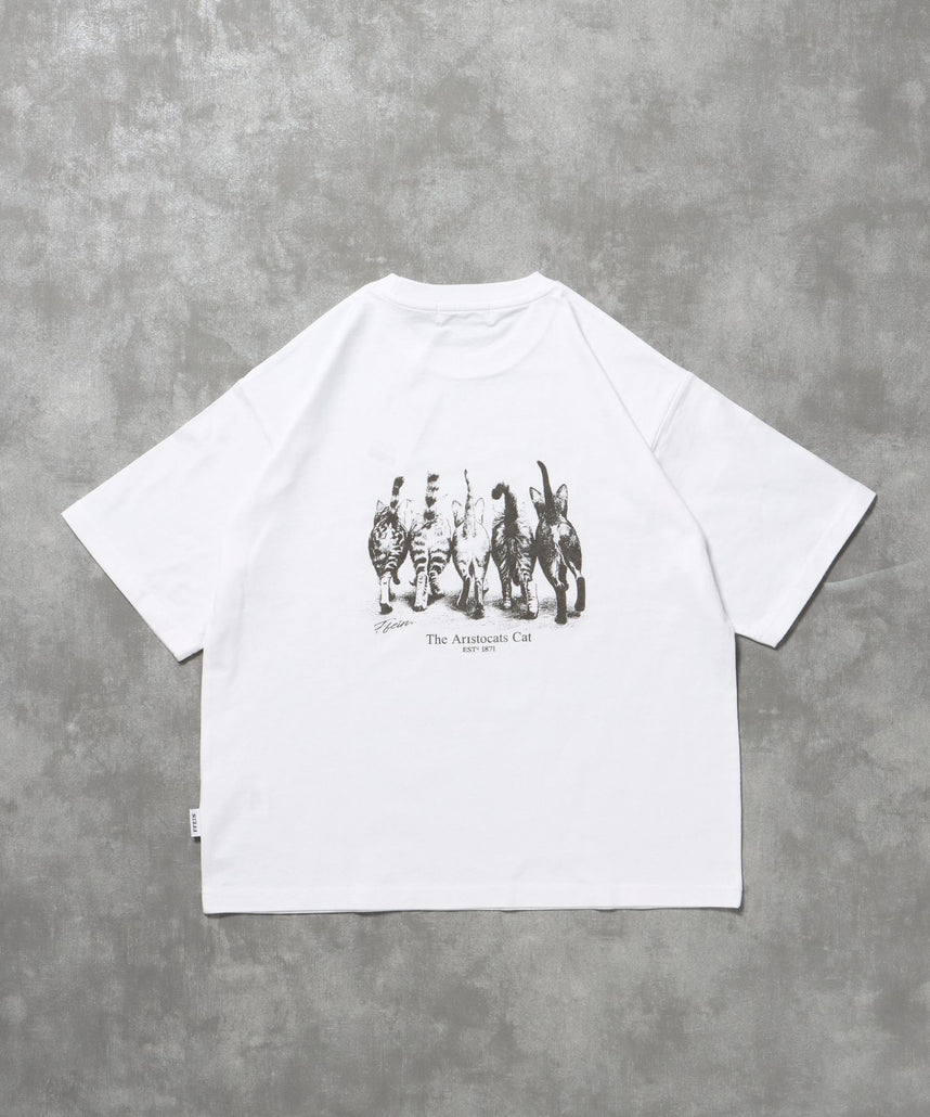 【FFEIN(フェイン)】キャットクラブTシャツ / 両面プリント Tシャツ 短丈 クルーネック 半袖 アニマル キャット ホワイト