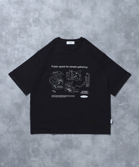 グラフィックショート丈Tシャツ / Tシャツ 短丈 クルーネック 半袖 ショート丈 ブラック