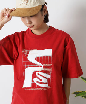 アートデザインショート丈Tシャツ / Tシャツ 短丈 クルーネック 半袖 レッド