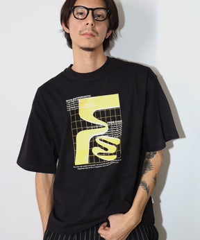 アートデザインショート丈Tシャツ / Tシャツ 短丈 クルーネック 半袖 ブラック