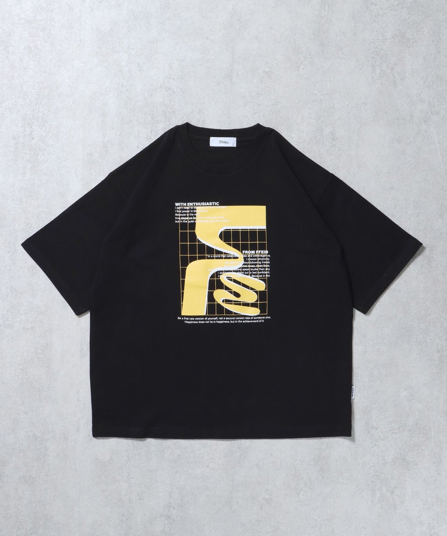 【FFEIN(フェイン)】アートデザインショート丈Tシャツ / Tシャツ 短丈 クルーネック 半袖 ブラック
