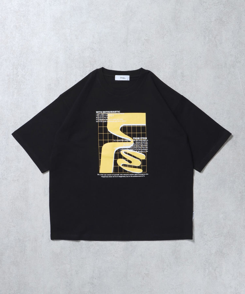 【FFEIN(フェイン)】アートデザインショート丈Tシャツ / Tシャツ 短丈 クルーネック 半袖 ブラック