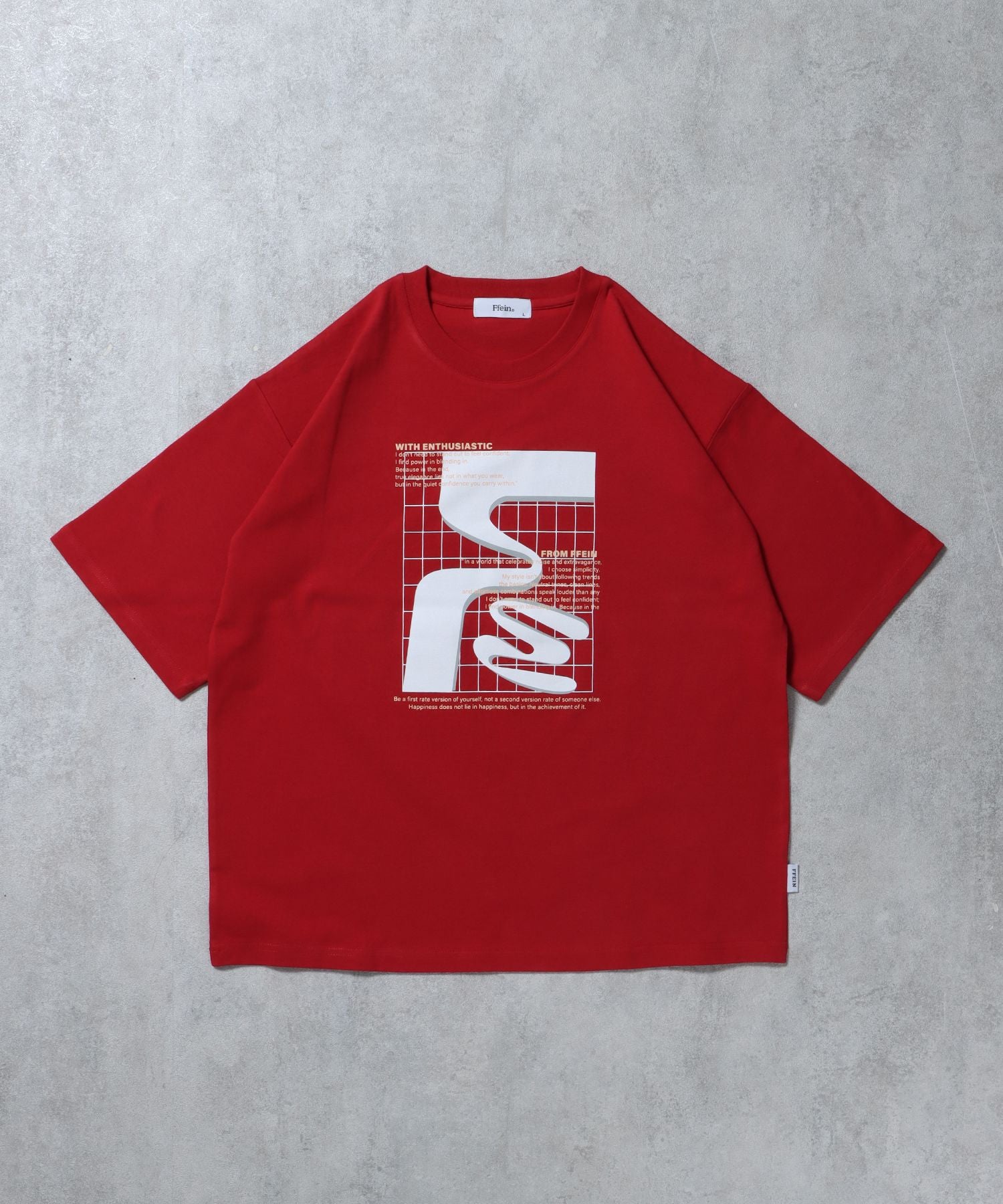 【FFEIN(フェイン)】アートデザインショート丈Tシャツ / Tシャツ 短丈 クルーネック 半袖 レッド