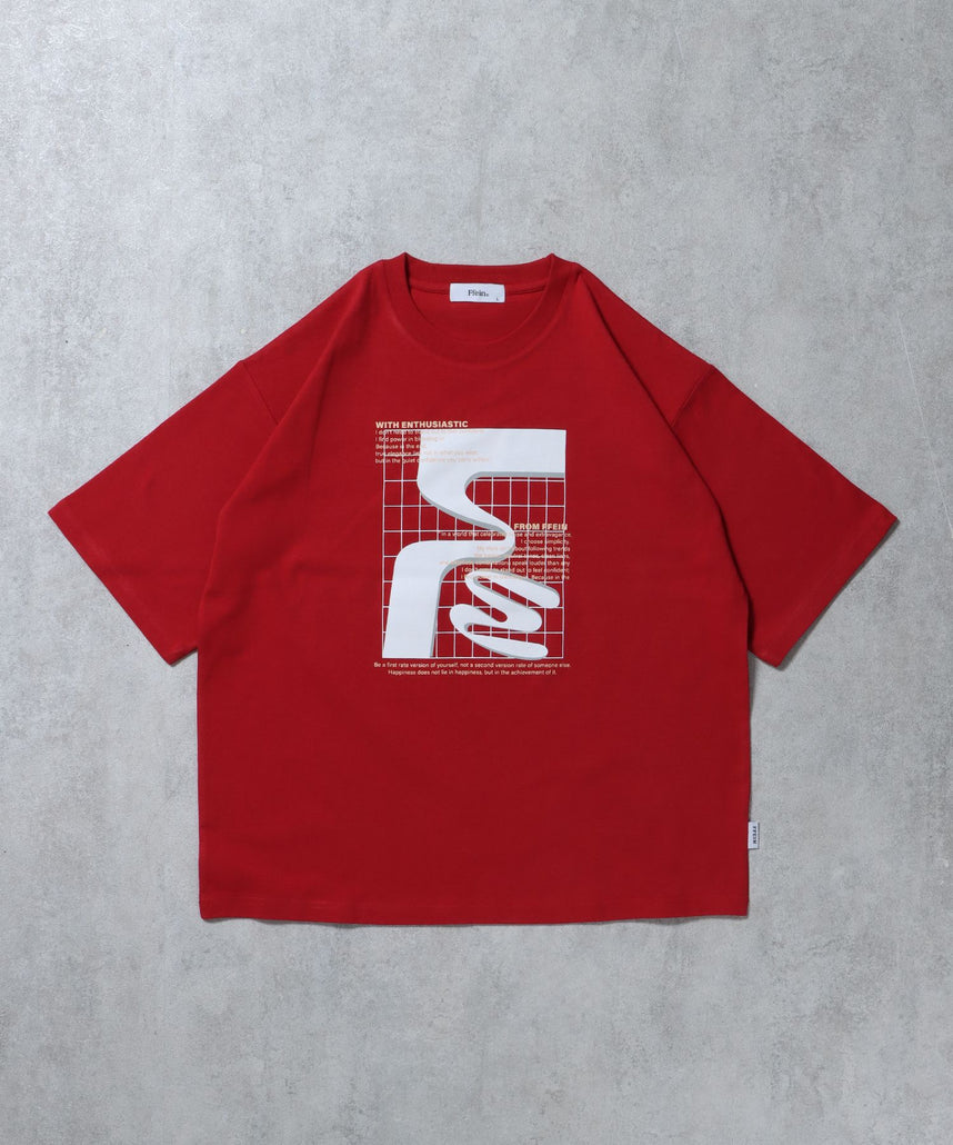 【FFEIN(フェイン)】アートデザインショート丈Tシャツ / Tシャツ 短丈 クルーネック 半袖 レッド