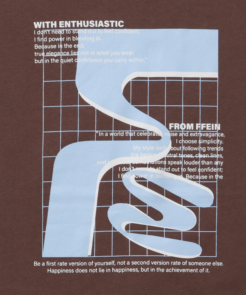 アートデザインショート丈Tシャツ / Tシャツ 短丈 クルーネック 半袖 モカ