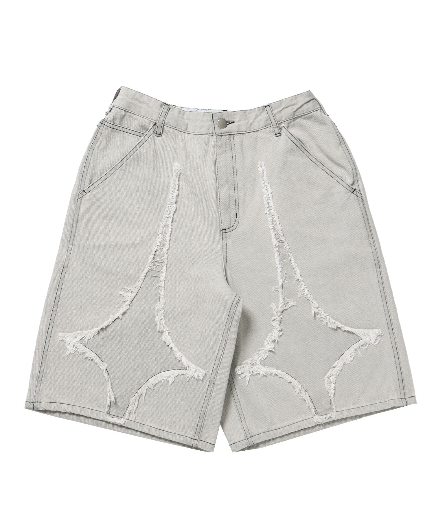 【SEQUENZ(シークエンズ)】APPLIQUE DENIM SHORTS / デニム パンツ 半ズボン ショーツ ワンポイント 刺繍 ライトグレー