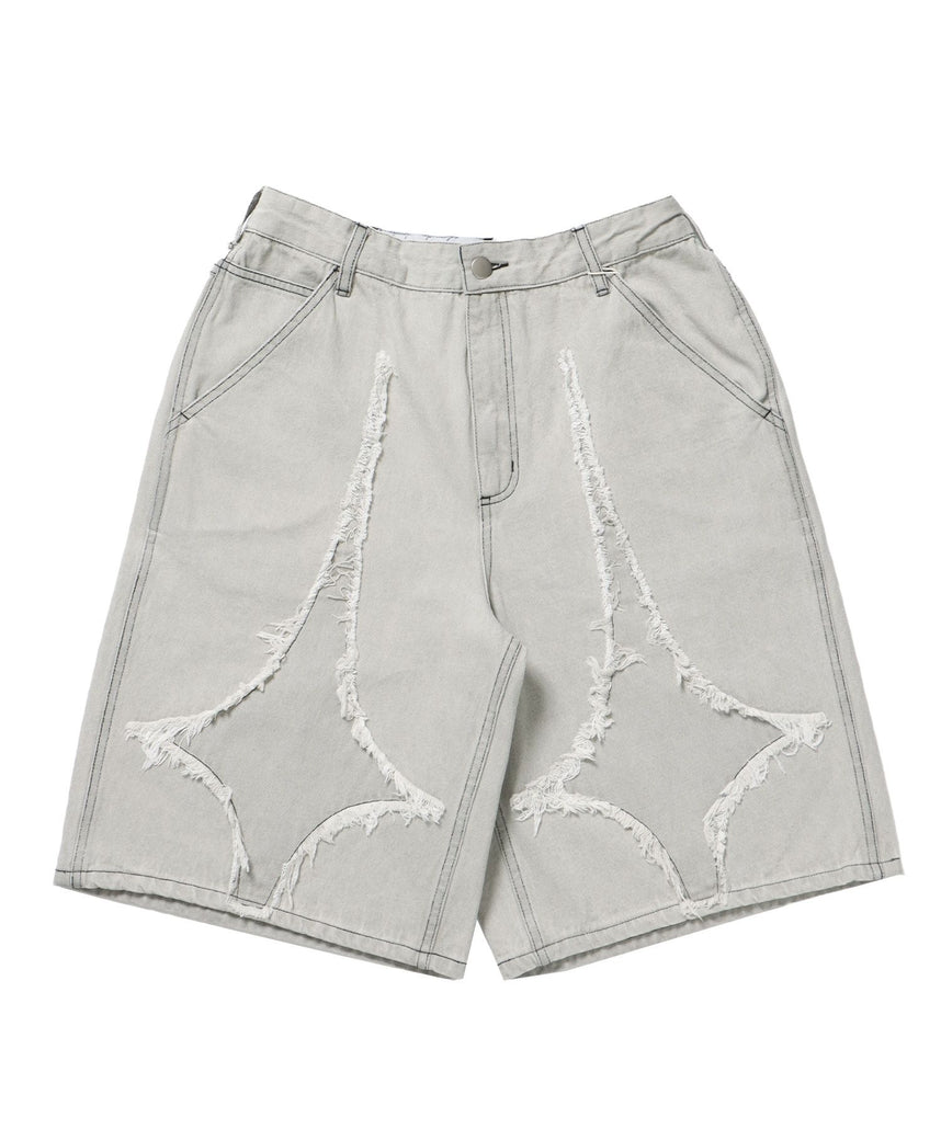 【SEQUENZ(シークエンズ)】APPLIQUE DENIM SHORTS / デニム パンツ 半ズボン ショーツ ワンポイント 刺繍 ライトグレー