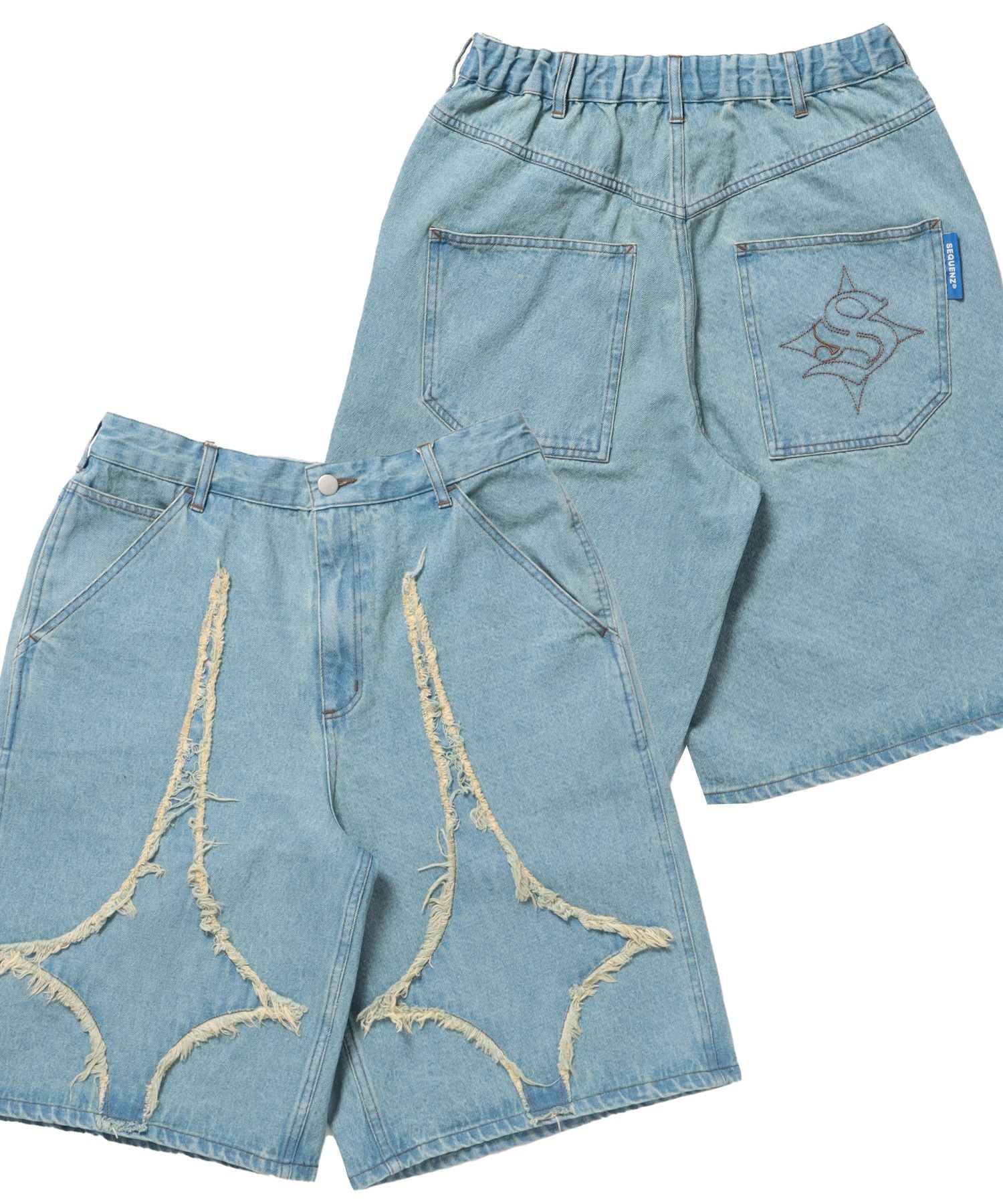 【SEQUENZ(シークエンズ)】APPLIQUE DENIM SHORTS / デニム パンツ 半ズボン ショーツ ワンポイント 刺繍 サックスブルー