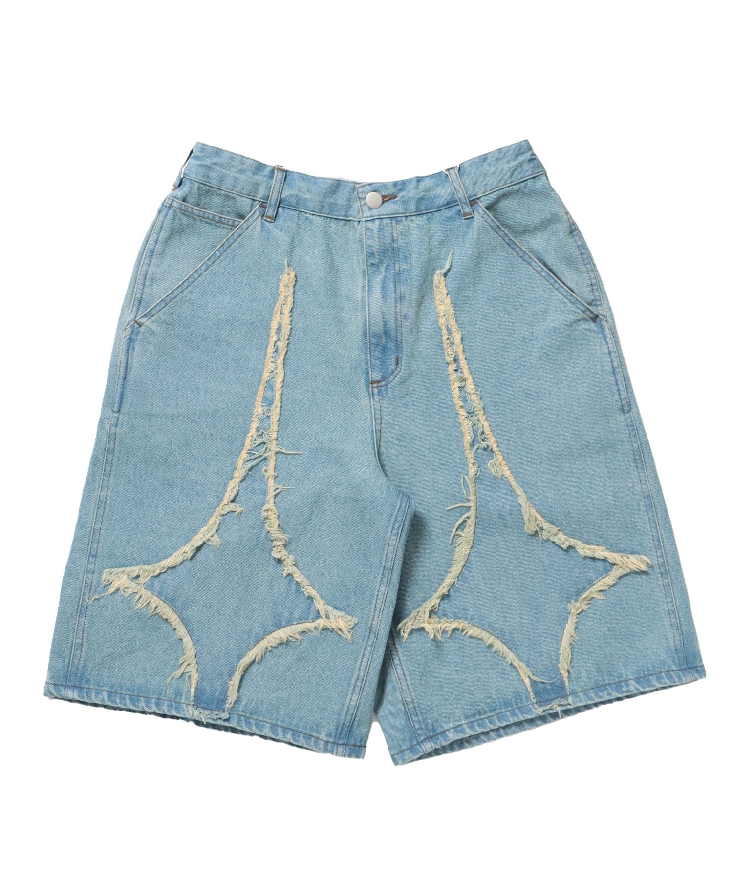 【SEQUENZ(シークエンズ)】APPLIQUE DENIM SHORTS / デニム パンツ 半ズボン ショーツ ワンポイント 刺繍 サックスブルー