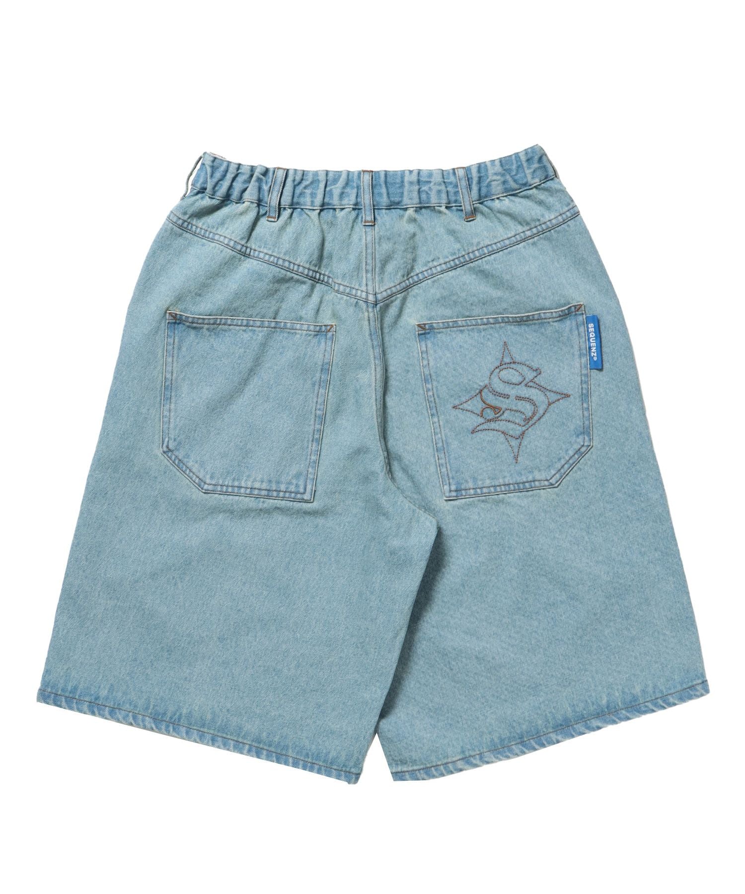 【SEQUENZ(シークエンズ)】APPLIQUE DENIM SHORTS / デニム パンツ 半ズボン ショーツ ワンポイント 刺繍 サックスブルー