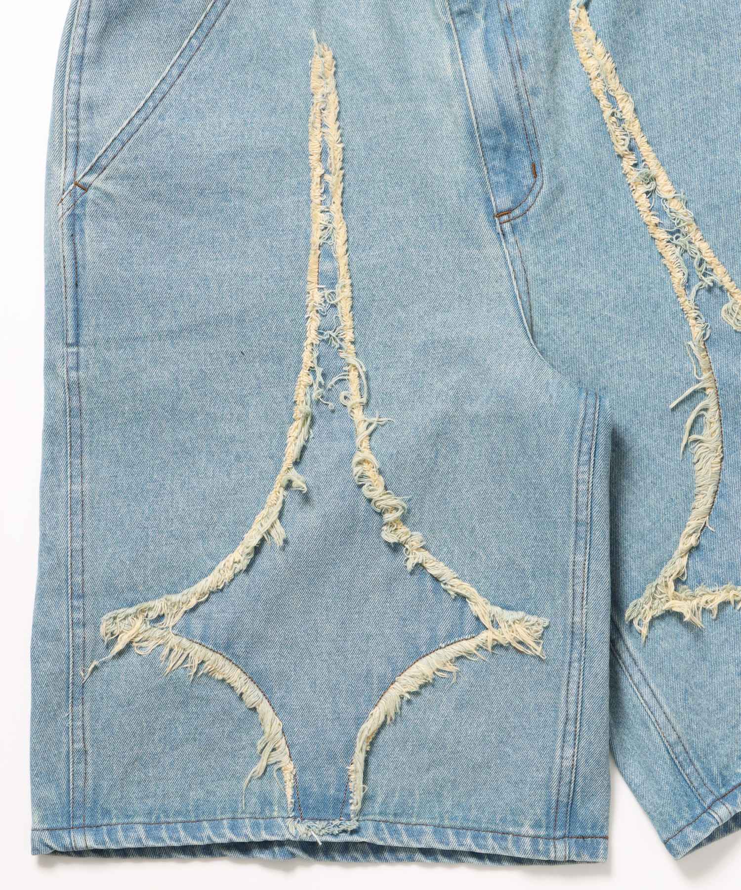 APPLIQUE DENIM SHORTS / デニム パンツ 半ズボン ショーツ ワンポイント 刺繍 サックスブルー