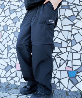 2WAYナイロンテックワイドカーゴパンツ / ナイロン ハーフパンツ ショーツ ドローコード セットアップ対応 ブラック