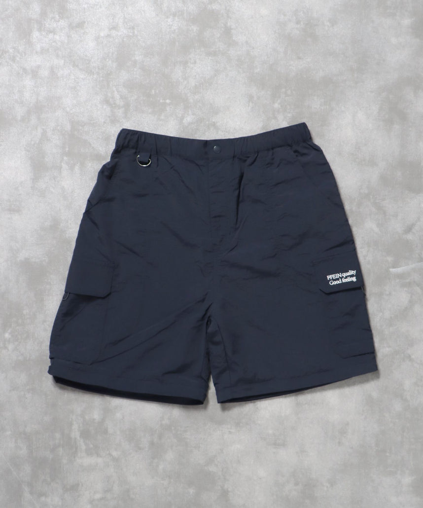 【FFEIN(フェイン)】2WAYナイロンテックワイドカーゴパンツ / ナイロン ハーフパンツ ショーツ ドローコード セットアップ対応 ネイビー