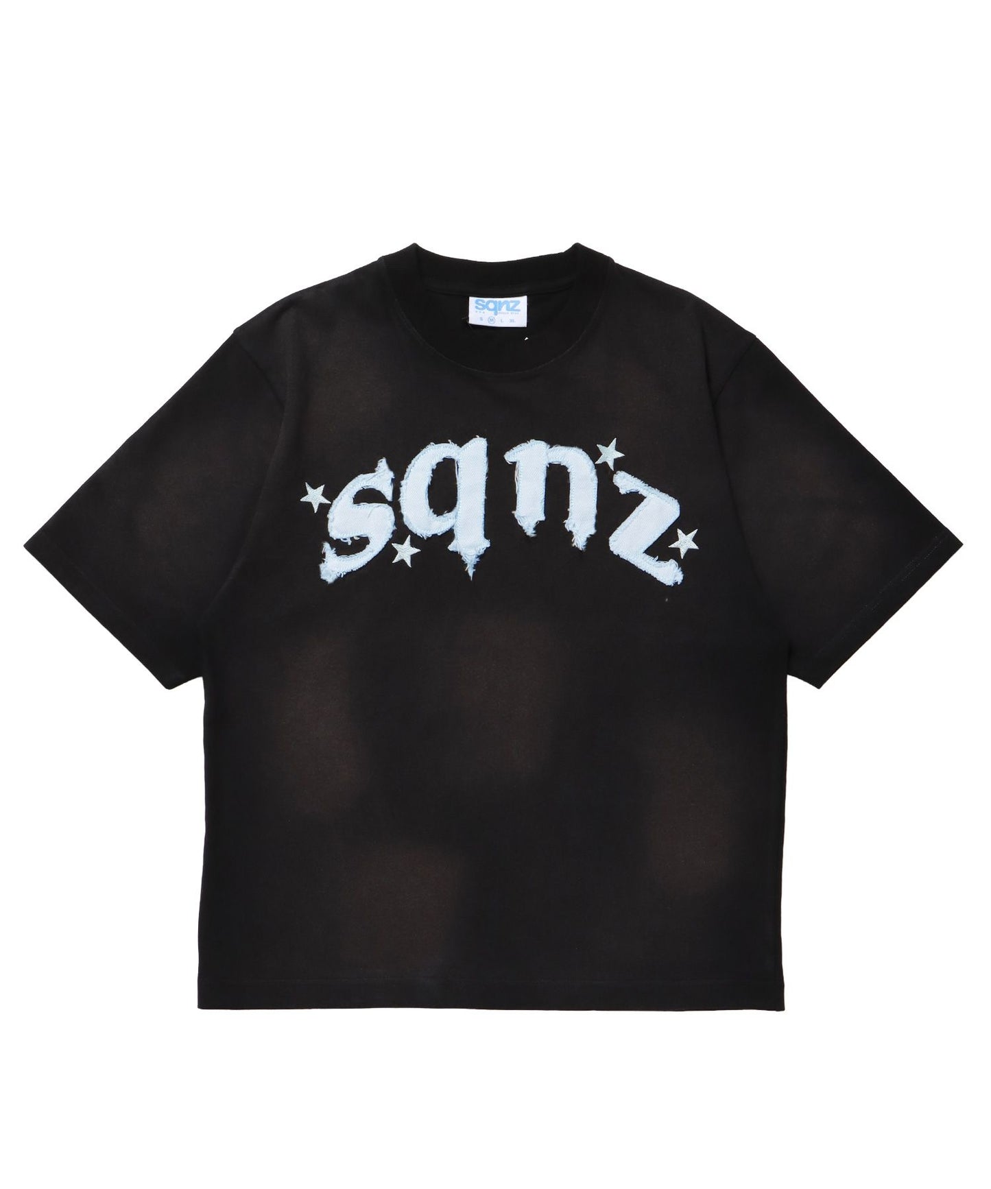 【SEQUENZ(シークエンズ)】sqnz applique washed tee / Tシャツ 半袖 クルーネック 加工 フリンジ ブラック