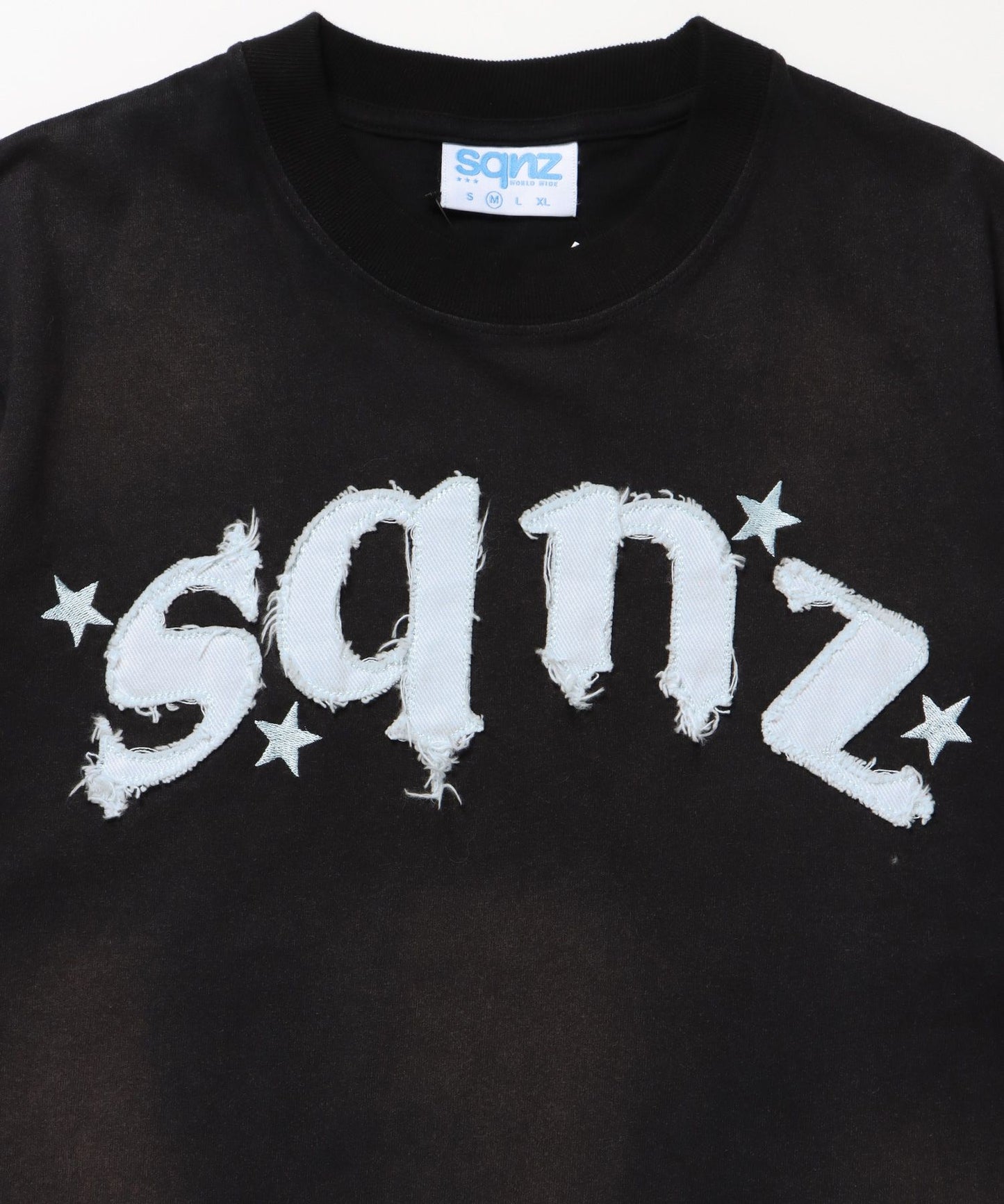 sqnz applique washed tee / Tシャツ 半袖 クルーネック 加工 フリンジ ブラック