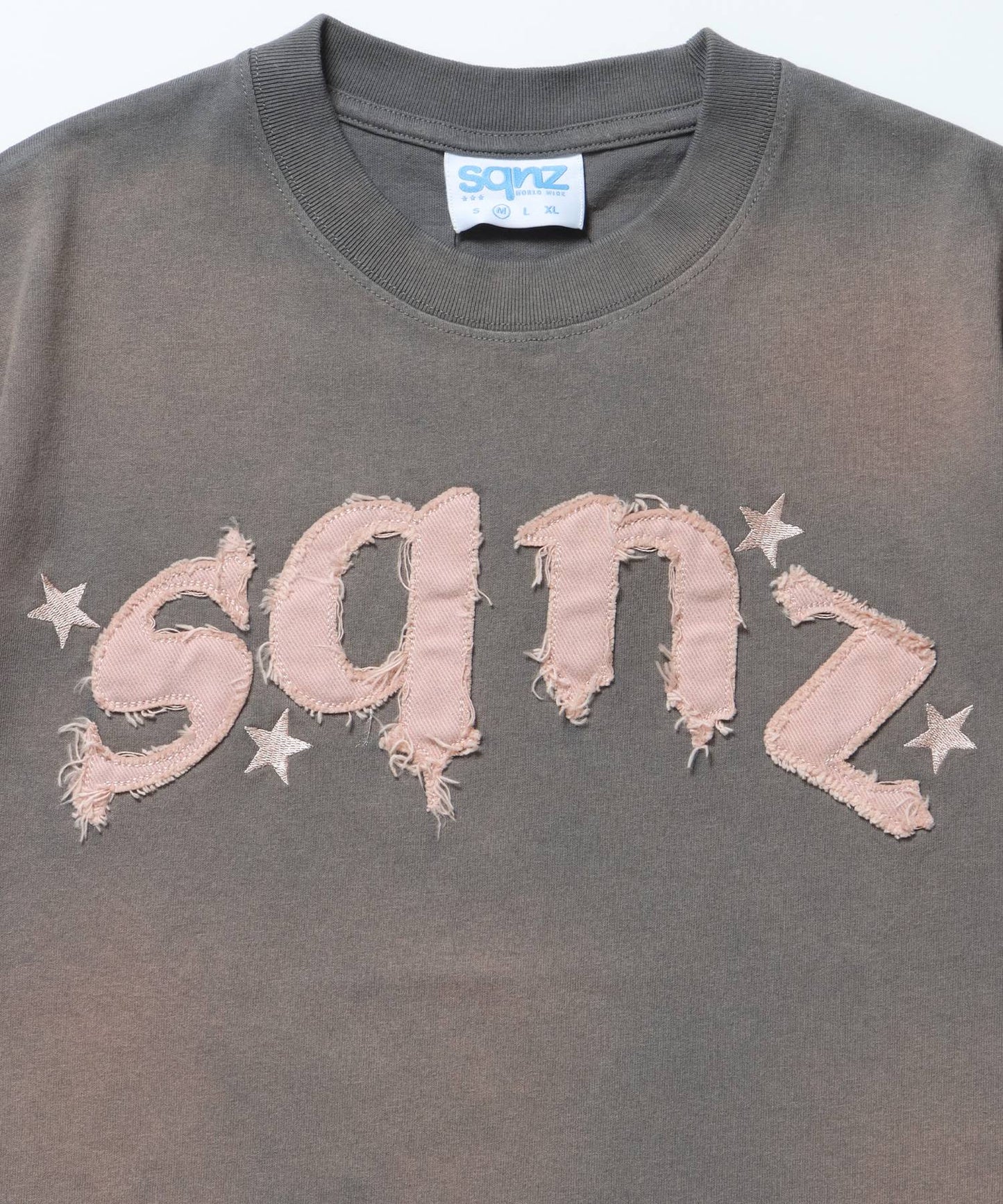 sqnz applique washed tee / Tシャツ 半袖 クルーネック 加工 フリンジ ライトグレー