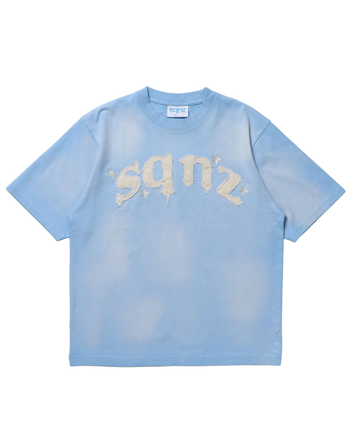 【SEQUENZ(シークエンズ)】sqnz applique washed tee / Tシャツ 半袖 クルーネック 加工 フリンジ ライトブルー