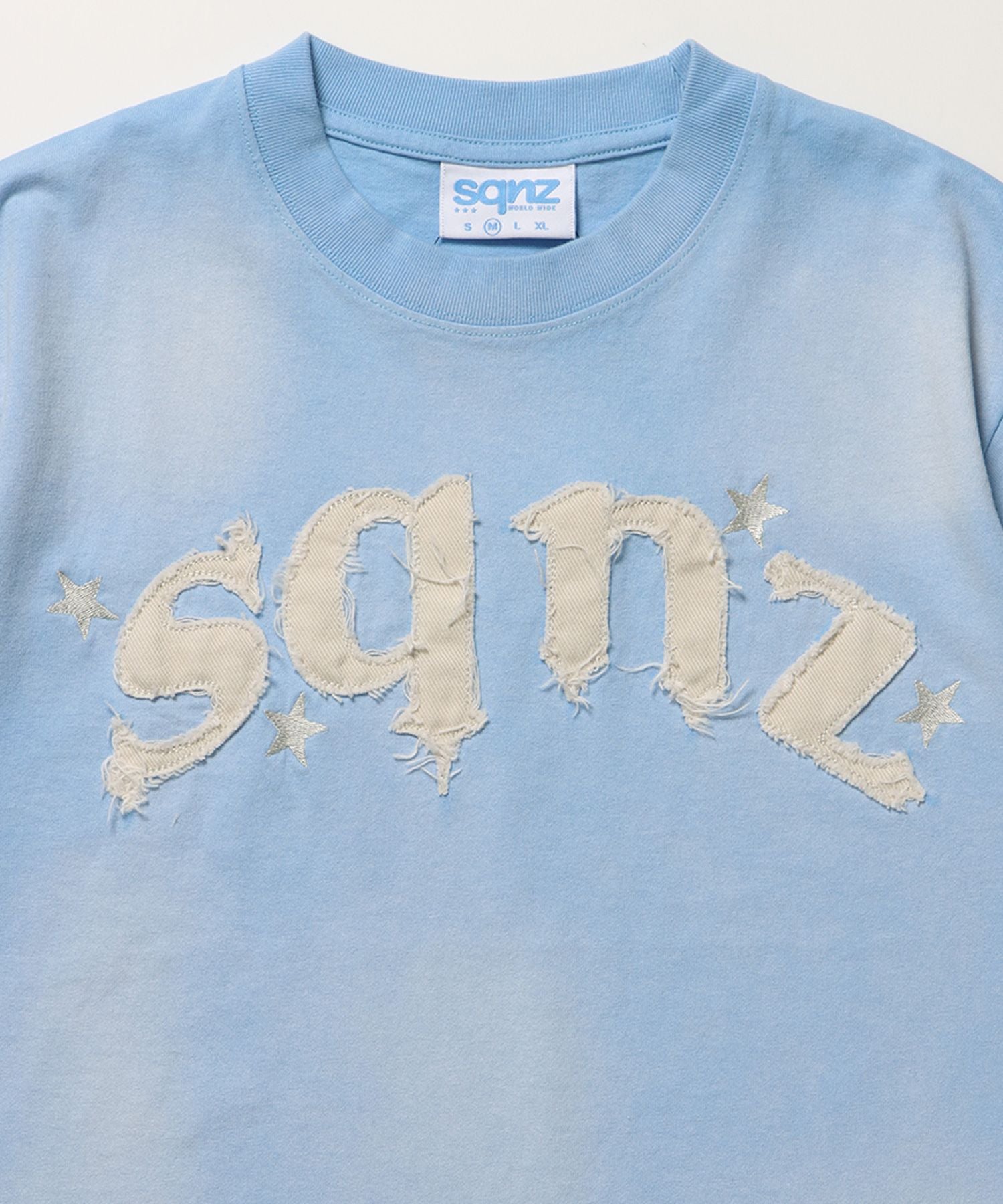 sqnz applique washed tee / Tシャツ 半袖 クルーネック 加工 フリンジ ライトブルー