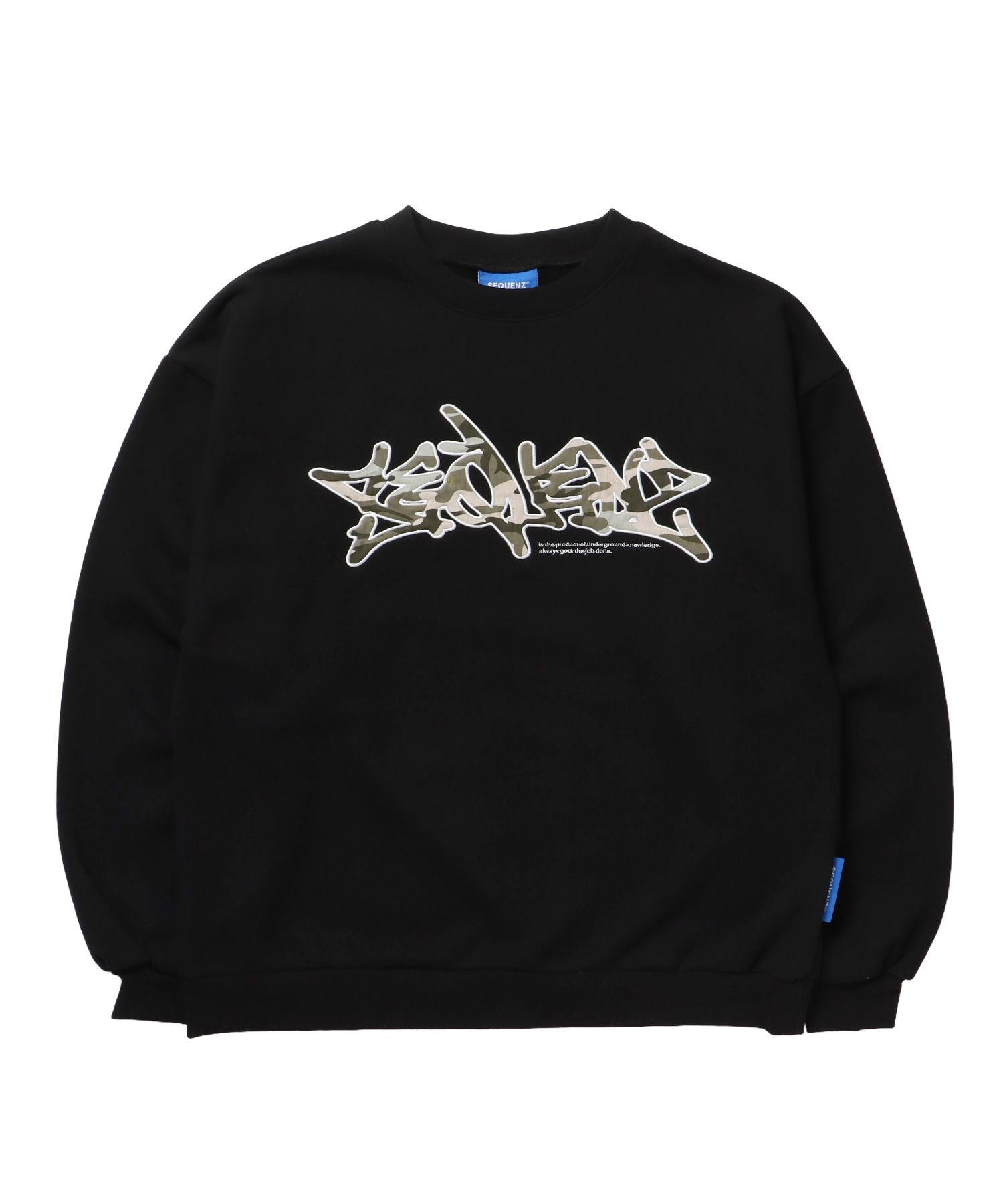 【SEQUENZ(シークエンズ)】CAMO APPLIQUE C/N SWEAT / カモ柄 ワッペン スウェット クルーネック 裏起毛 ブラック