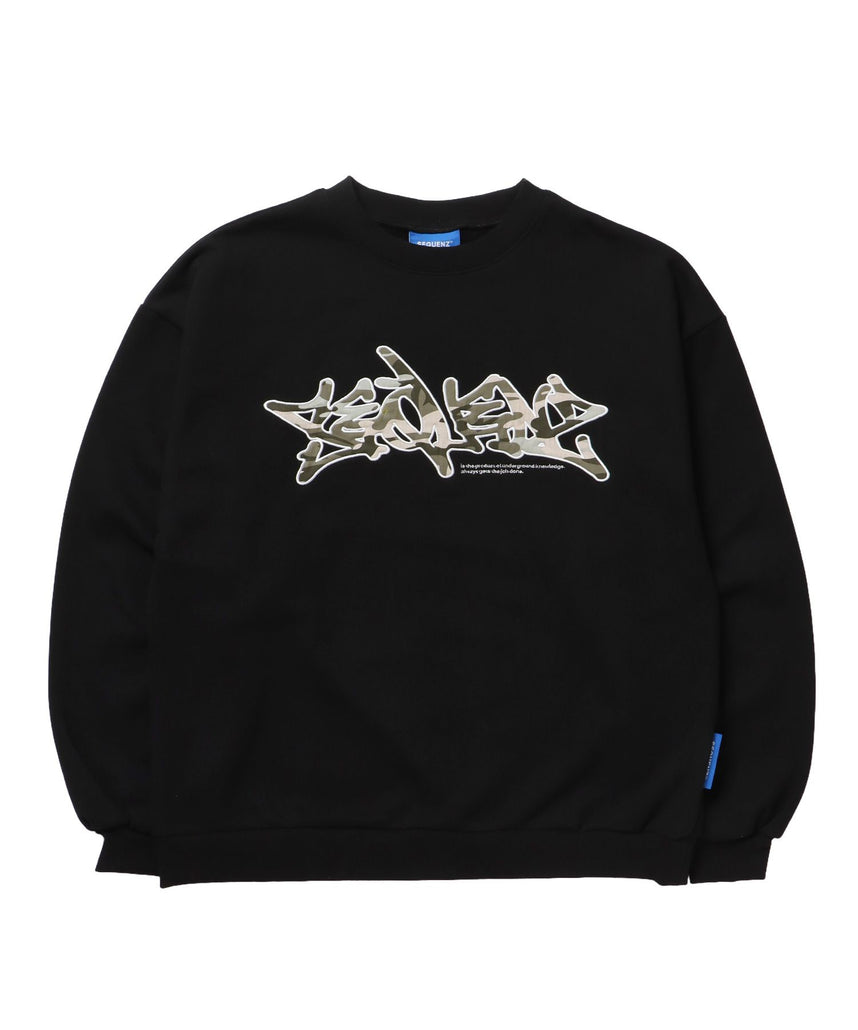 【SEQUENZ(シークエンズ)】CAMO APPLIQUE C/N SWEAT / カモ柄 ワッペン スウェット クルーネック 裏起毛 ブラック
