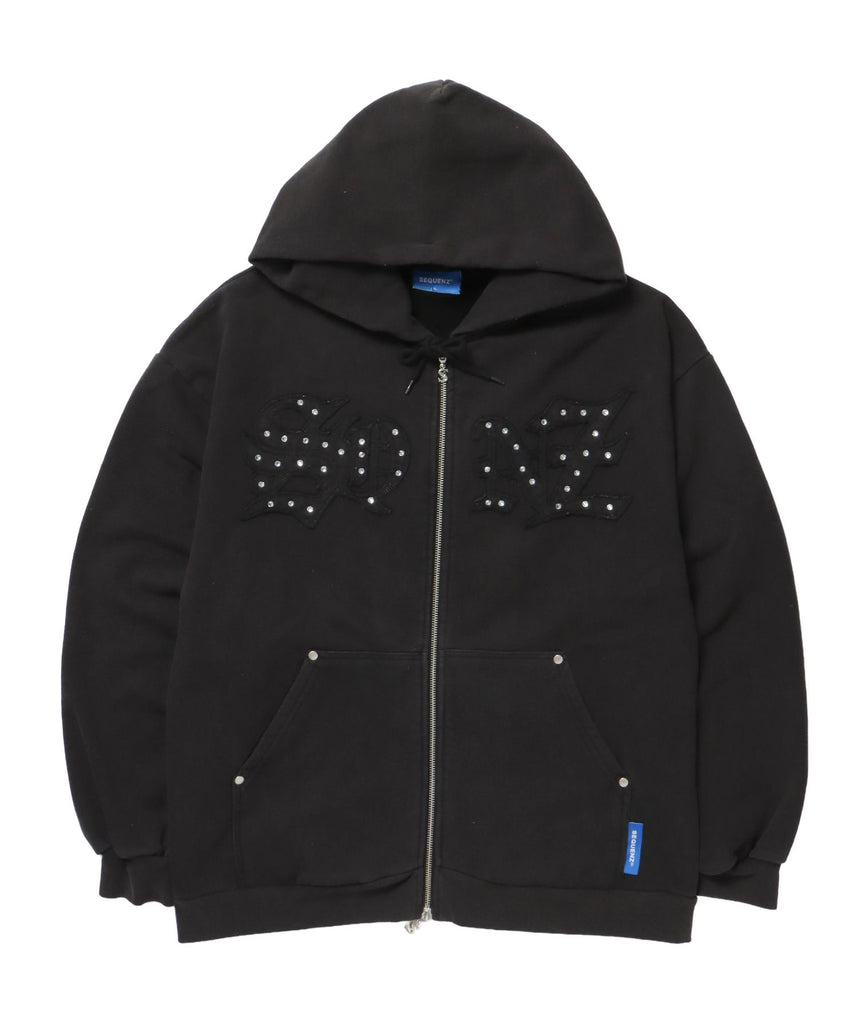 【SEQUENZ(シークエンズ)】APPLIQUE STONE FADE ZIP P/K / ラインストーン ジップパーカー ダブルジップ 裏起毛 加工 【セットアップ】 ブラック