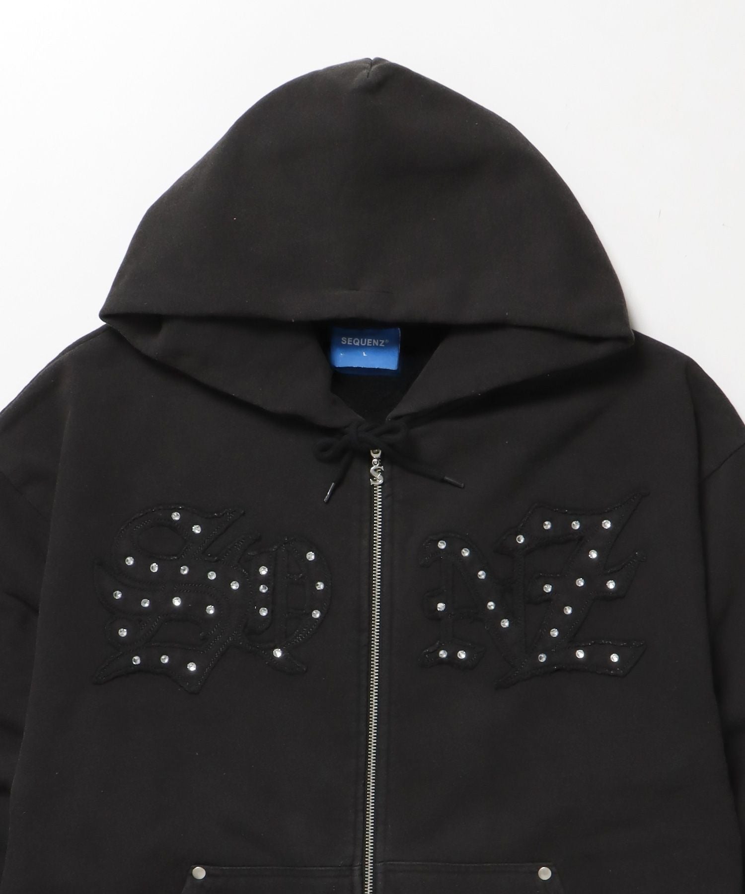APPLIQUE STONE FADE ZIP P/K / ラインストーン ジップパーカー ダブルジップ 裏起毛 加工 【セットアップ】 ブラック