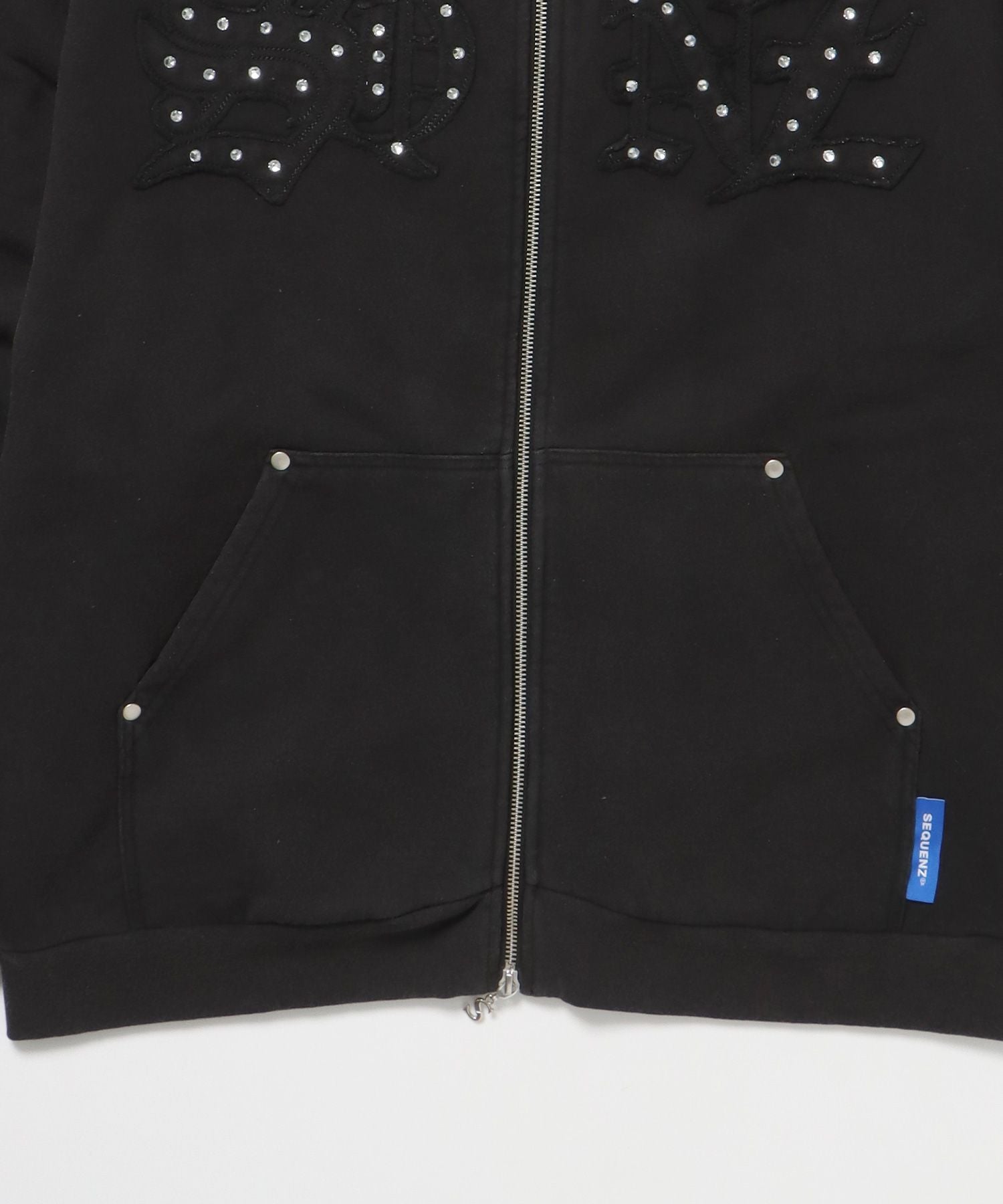 APPLIQUE STONE FADE ZIP P/K / ラインストーン ジップパーカー ダブルジップ 裏起毛 加工 【セットアップ】 ブラック