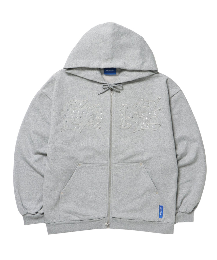 【SEQUENZ(シークエンズ)】APPLIQUE STONE FADE ZIP P/K / ラインストーン ジップパーカー ダブルジップ 裏起毛 加工 【セットアップ】 グレー